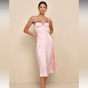 Ethereal Muse Light Pink Satin Jacquard Embroidered Midi Dress🌸✨💗